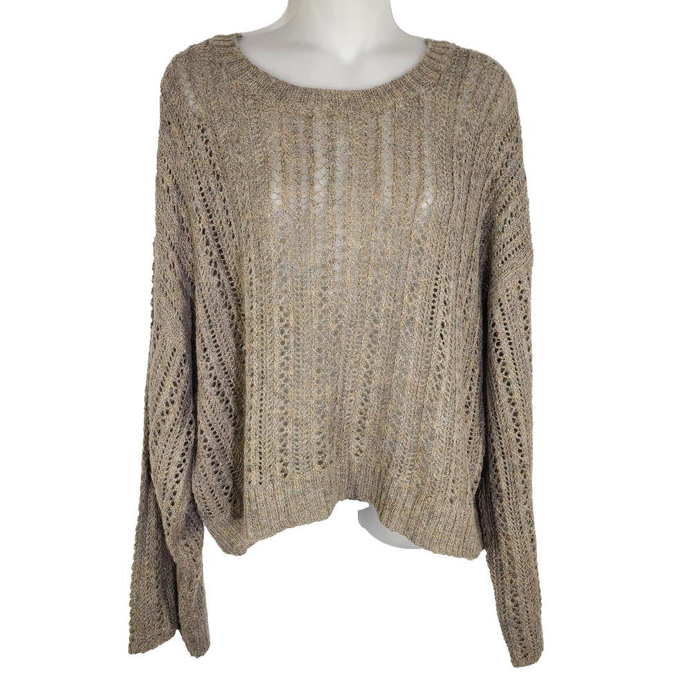 American Eagle Womens Crop Sweater Large Taupe Open Knit Pullover Wool Blend